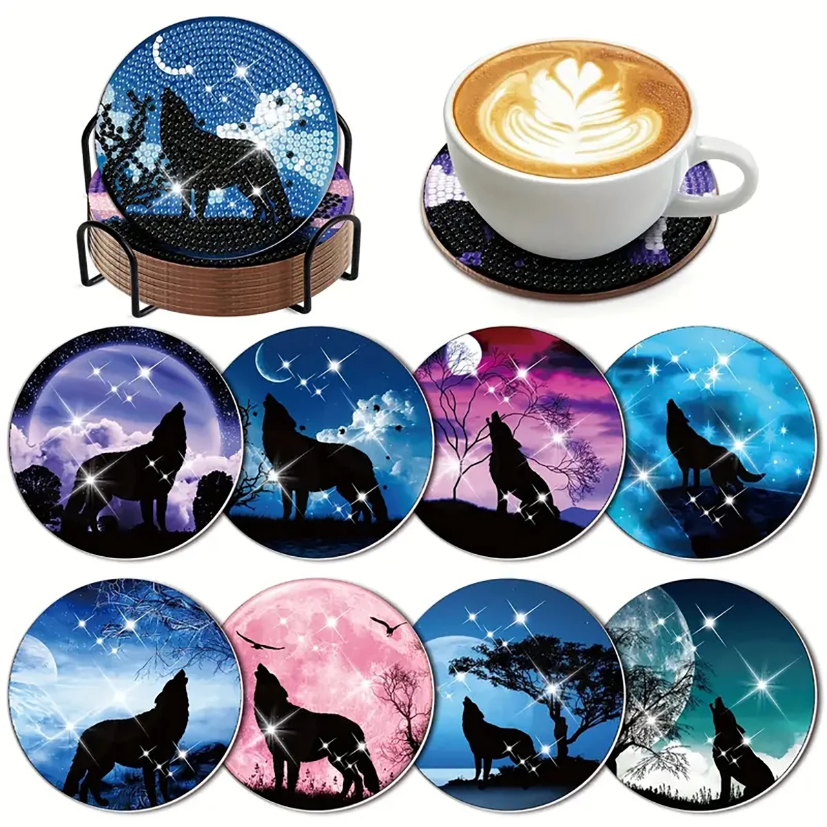 8 pieces/set of animal wolf diamond painting coaster set, DIY coaster with holder, beginner and adult diamond craft gift