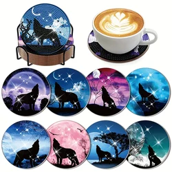 8 pieces/set of animal wolf diamond painting coaster set, DIY coaster with holder, beginner and adult diamond craft gift