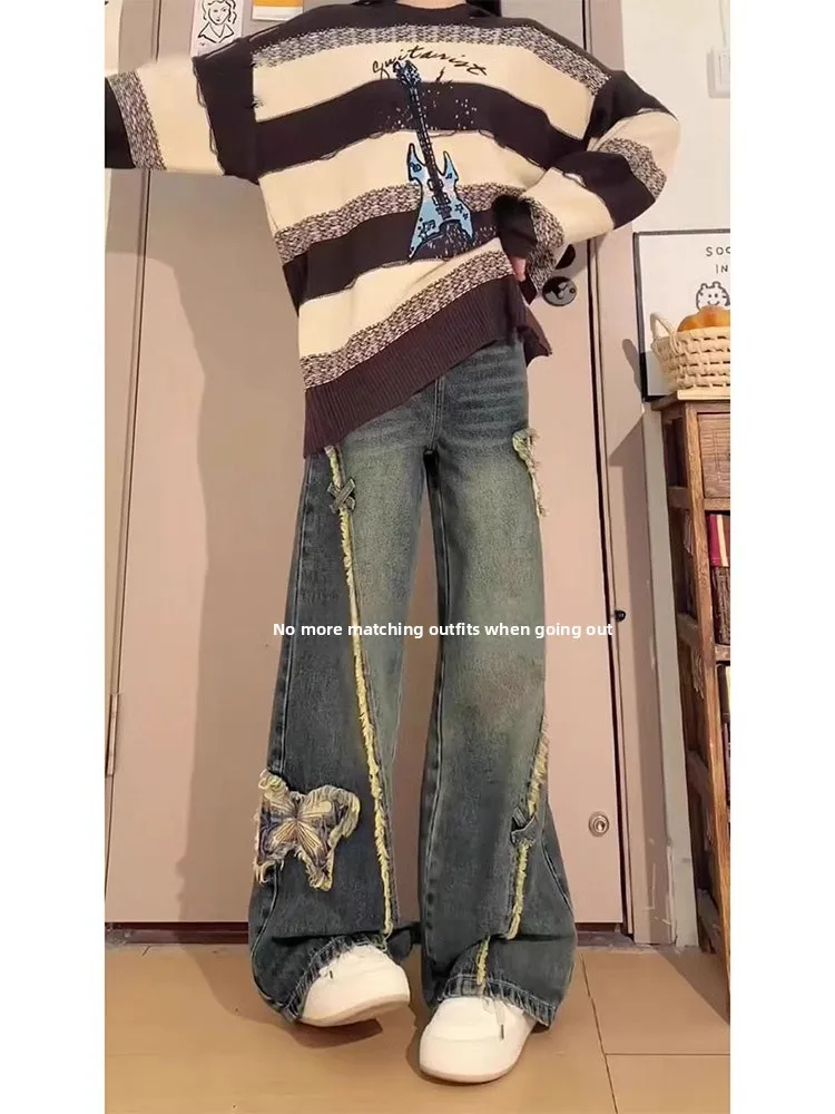 Large Size Embroidered  Side Zipper Denim Pants Women's Autumn Design Wide Leg Floor-Length Frill Pants Casual Sle