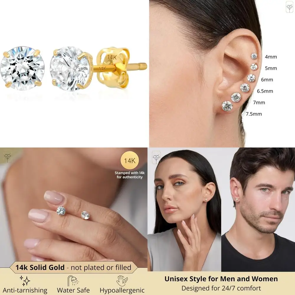 أقراط سوليتير مكعبة الزركونيا المستديرة من الذهب عيار 14 قيراط - ترصيع للجنسين مع تشيكوسلوفاكيا المضادة للتشويه، أقراط متينة وأنيقة للنساء