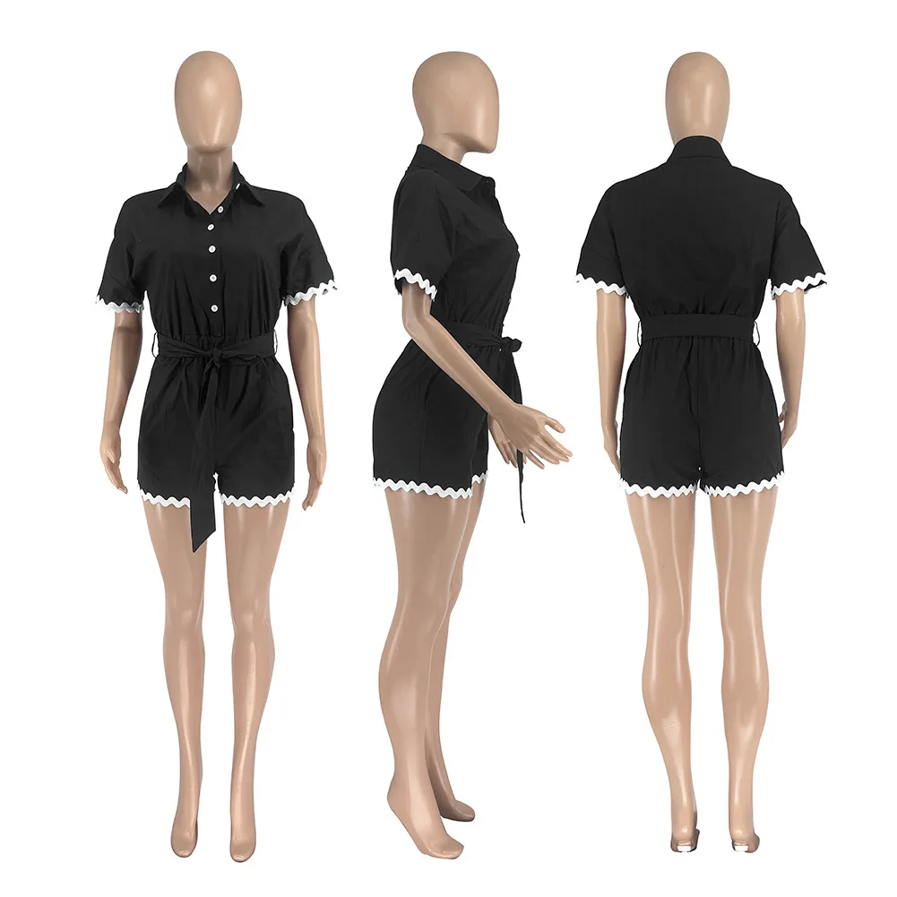 2025, Sommermode, Damen-Overall, lässig, Spitze, Baumwolle und Leinen, Revers, Krawatte, Taille, Cinching-Overall, Shorts