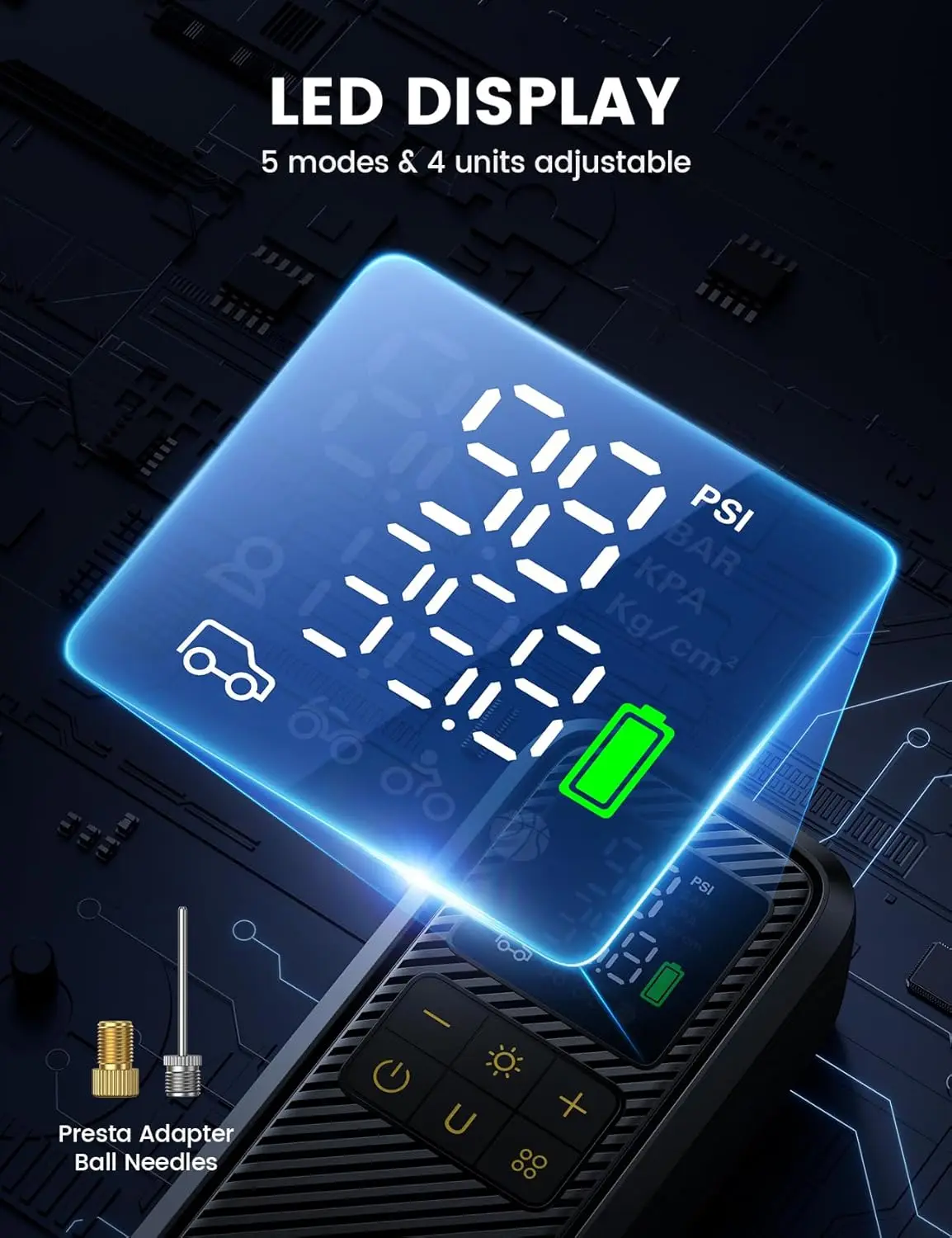 منفاخ إطارات السيارة المحمول 150 رطل لكل بوصة مربعة ضاغط هواء مع بطارية قابلة للشحن للسيارة والدراجات النارية والدراجة والمركبات ATV والسكوتر