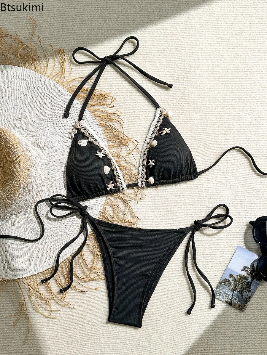 New Sexy Women's Thong Bikini Swimsuit Triangle Cup Hanging Neck Strap Ladies Swimsuit Summer Shell Decoration Ribbed Beach Wear