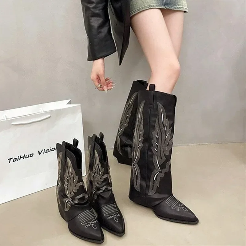 Luxury Embroidery Pointed Toe Western Cowboy Boots Women Winter V Pants Tube Long Boots for Women Chunky Heels High Knight Boots