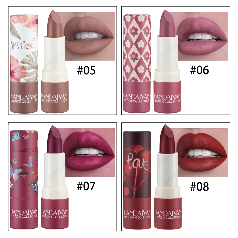 HANDAIYAN lápiz labial mate Nude, nuevo estilo de colección, estampado Floral, suave y liso, terciopelo, maquillaje, bálsamo de tinte labial de niebla impermeable