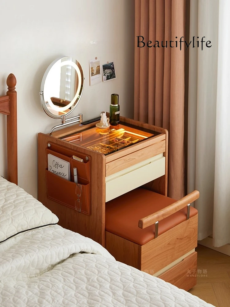 Cherry wood solid wood dresser mini small makeup table retro small apartment narrow bedside table integrated