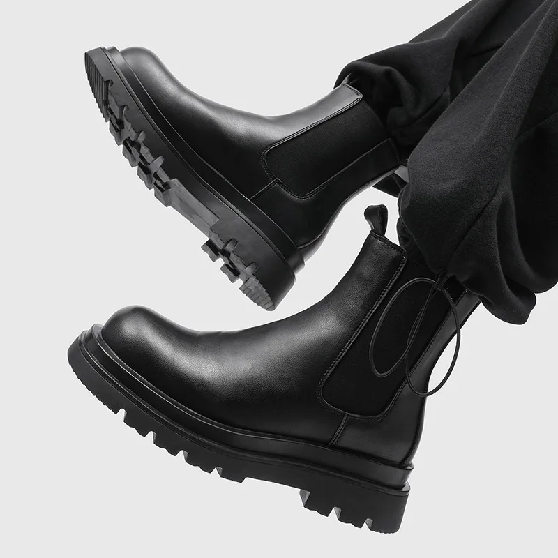 

men's fashion banquet prom natural leather boots slip-on platform shoes cowboy high chelsea boot black stylish cool ankle botas