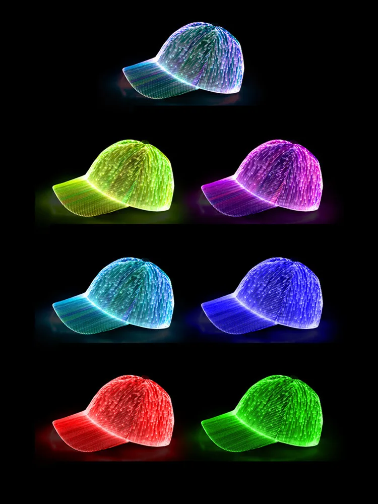Light-emitting LED baseball cap with fiber optic flash, colorful hat for outdoor fashion trend, light-emitting cap