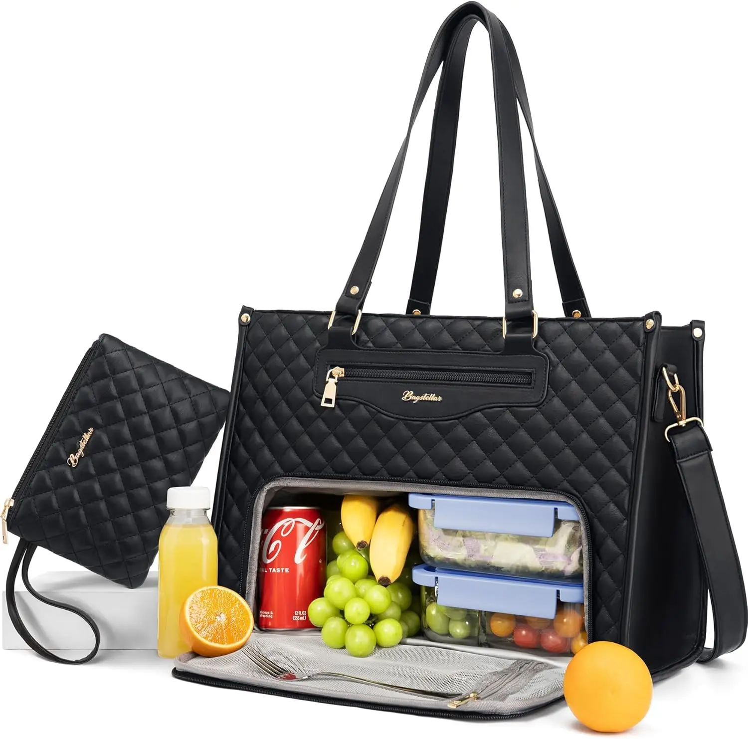 

15.6 Inch Laptop Tote Bag for Women with Insulated Lunch Compartment, Large Capacity Quilted Handbag for Office Travel