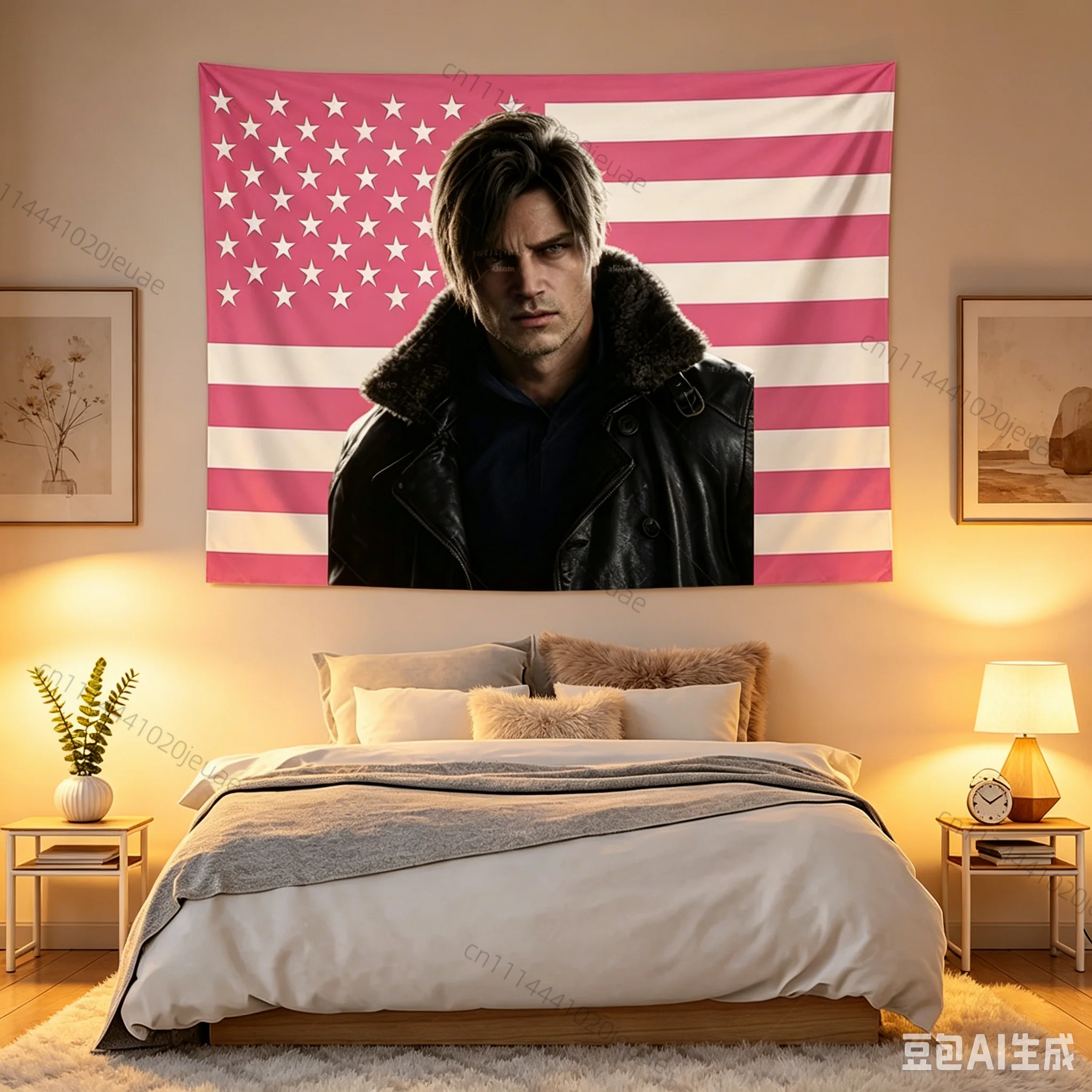 Aesthetic Room Decor L-Leon Kennedy Pink USA Flag Tapestry Wall Hanging for Bedroom Dorm Backdrop Cloth Horror Game Fans Banner