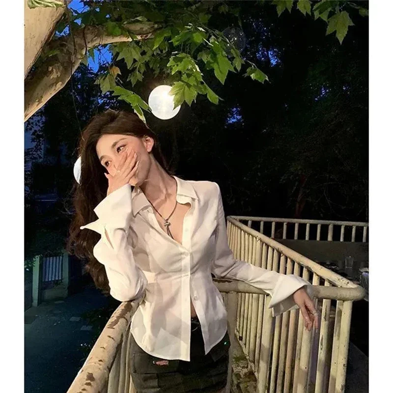 MEXZT Y2K White Blouses Women Sexy Bandage Slim Shirts Office Lady Korean Fashion Black Long Sleeve Waist Tunic Chic Casual Tops