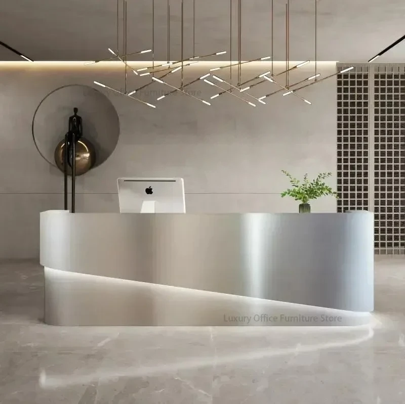 

Customized Stainless Steel Checkout Page Modern Office Reception Desk Light Luxury Beauty Salon Bar Counter Metal Counter