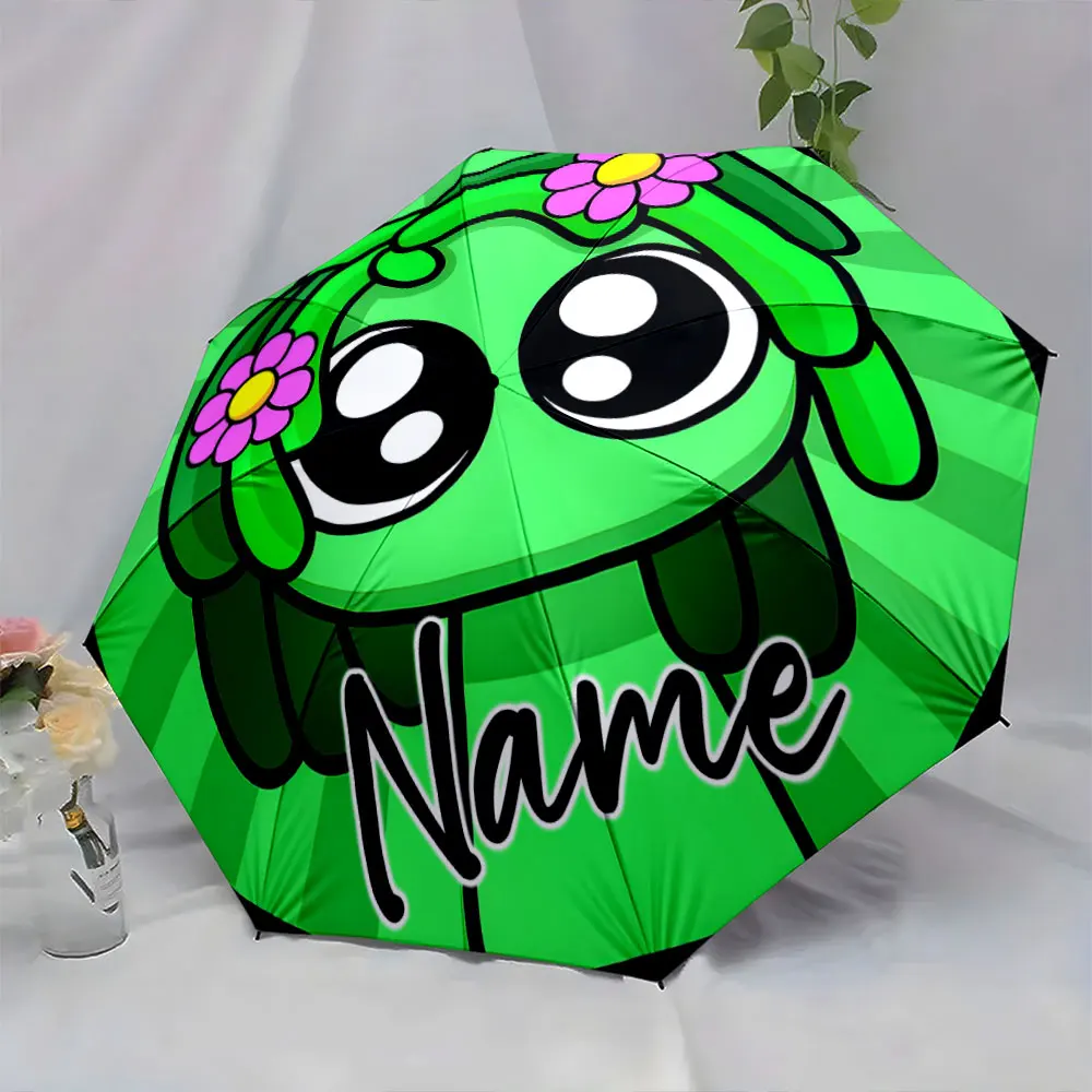 Custom Name Cute Cartoon-Style Green Umbrella Design 8 Iron Ribs Folding Umbrella Auto-Open Fashionable Sunshade Deluxe Gift