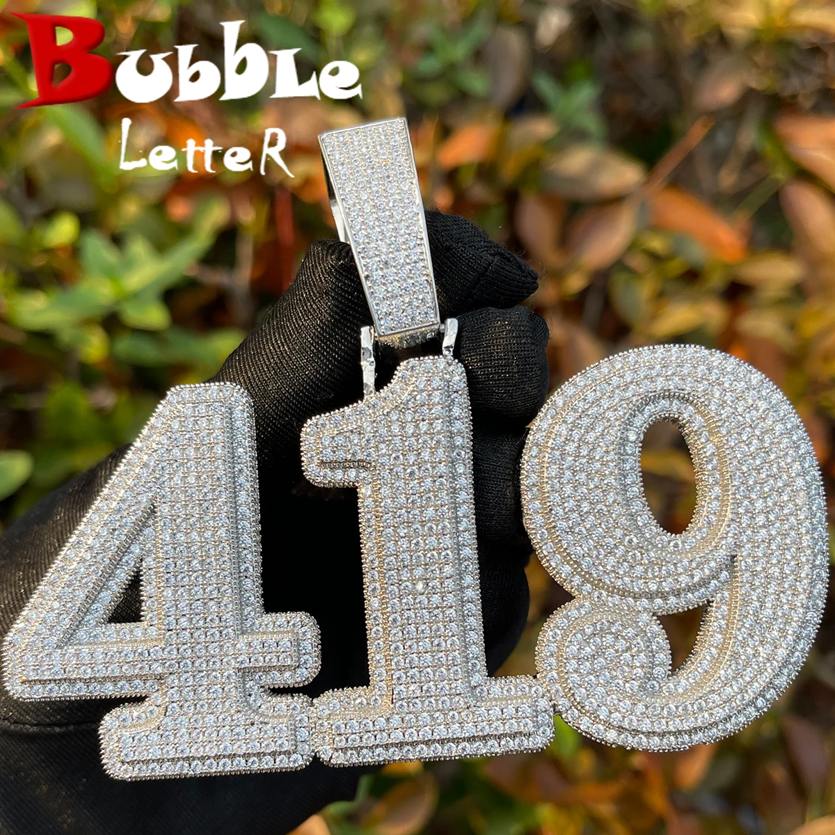 Bubble Letter Iced Out Pendant Custom Name Necklace for Men Prong Setting Two Layers White Gold Plated Hip Hop Jewelry