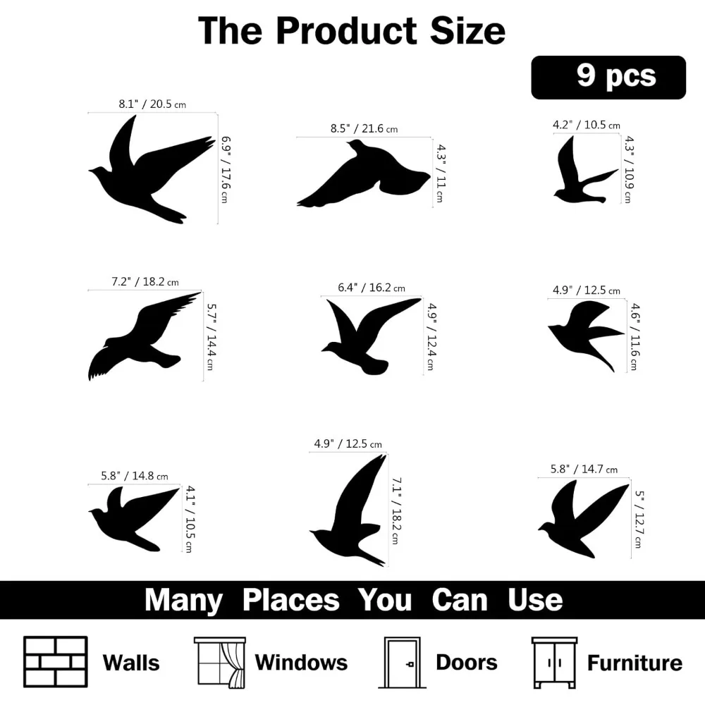 9pcs Black Birds Wall Decals Flying Bird Wall Stickers Animal Wall Decor DIY Decor Art Decals for Home Bedroom Living Making Kit