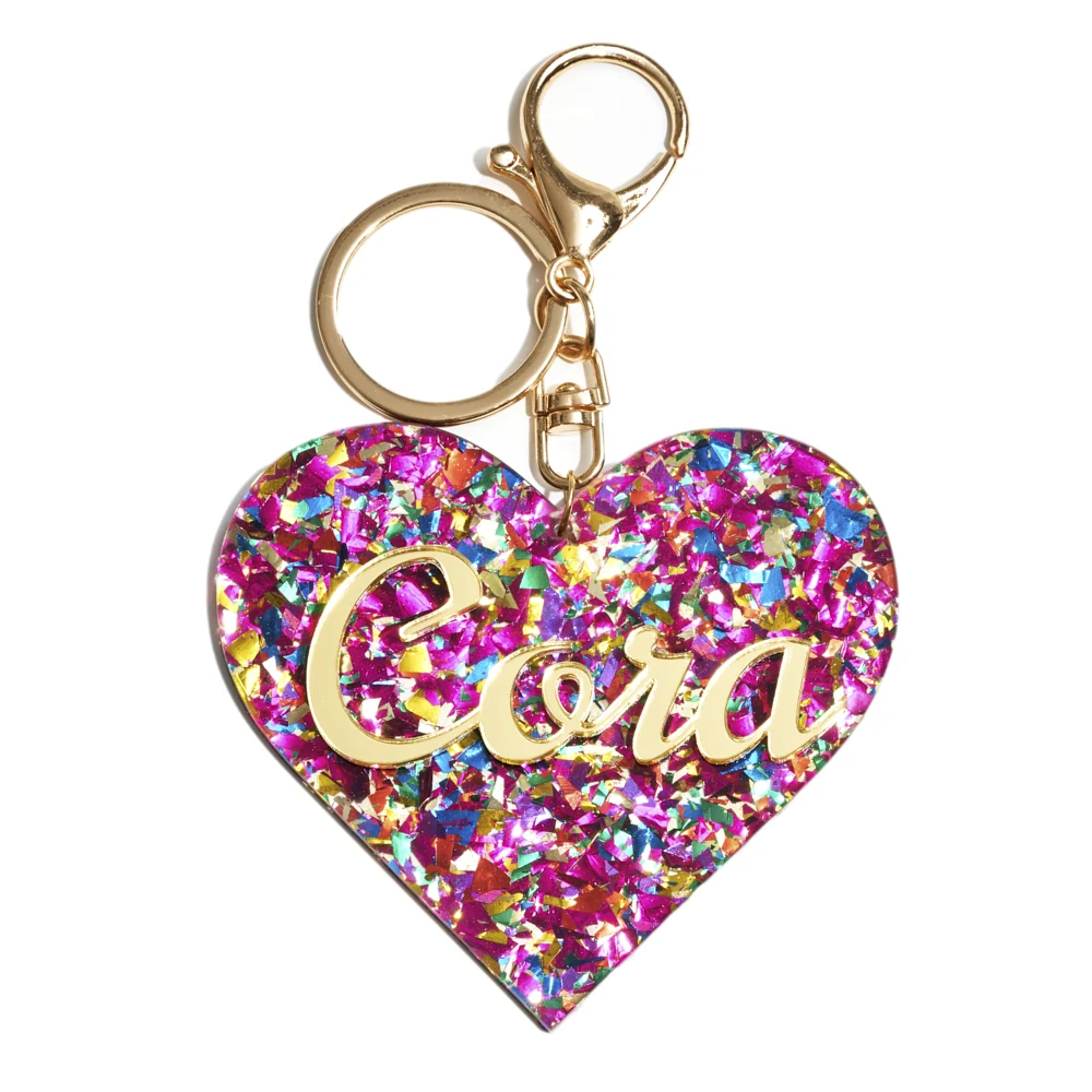 1PC Custom PMMA Keychain - Personalized Heart-Shaped Sparkly Accessory | Laser Engraved Daily Use Gift for Teens