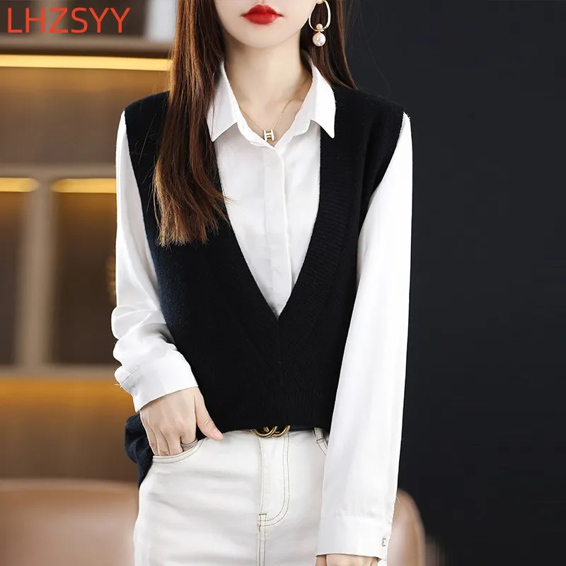 LHZSYY Autumn 100%Pure Wool Knit Vest Women New High-End Sleeveless Sweater take out V-Neck Cashmere Loose waistcoat Female Tops