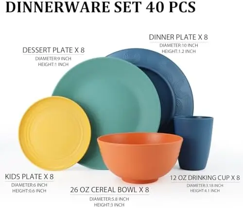 

40-Piece Wheat Straw Dinnerware Set for 8 - Eco-Friendly, Unbreakable, Dishwasher-Safe Plates & Bowls