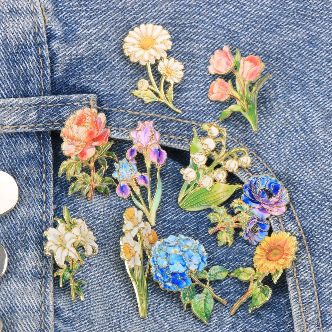 Assorted Elegant Floral Enamel Pin Set, Delicate Lily, Hydrangea, Sunflower & Peony Brooches, Gold Trim Botanical Metal Badges