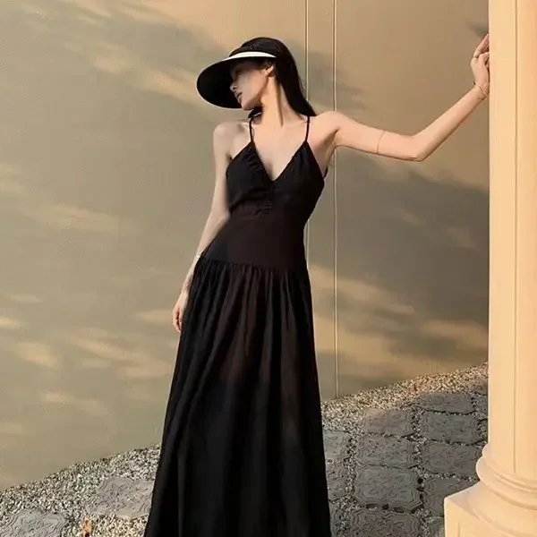 2023 New Summer Vacation Style French Blacktankopen-back Dress Alien Dress Hebon Style Dresses For Women