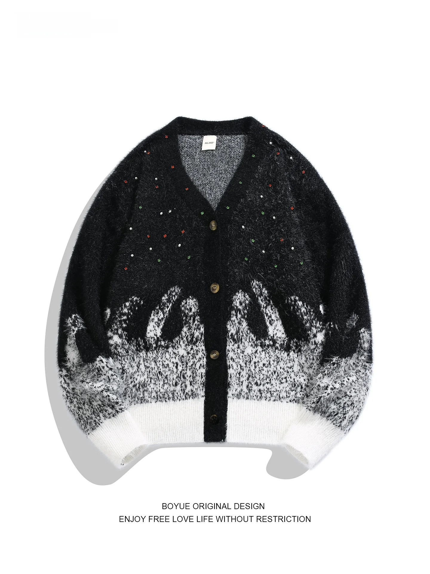 

Мужской свитер Boyue Cisas с градиентным цветом, вязаный, с ромбовидным узором и мехом, повседневное пальто с V-образным вырезом и длинными рукавами