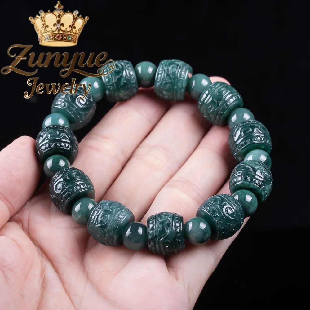 Genuine Natural Myanmar Grade A Ice Blue Water Jadeite Carved Barrel Bead Bracelet  Unisex Daily Wrist Jewelry Accessory Gift