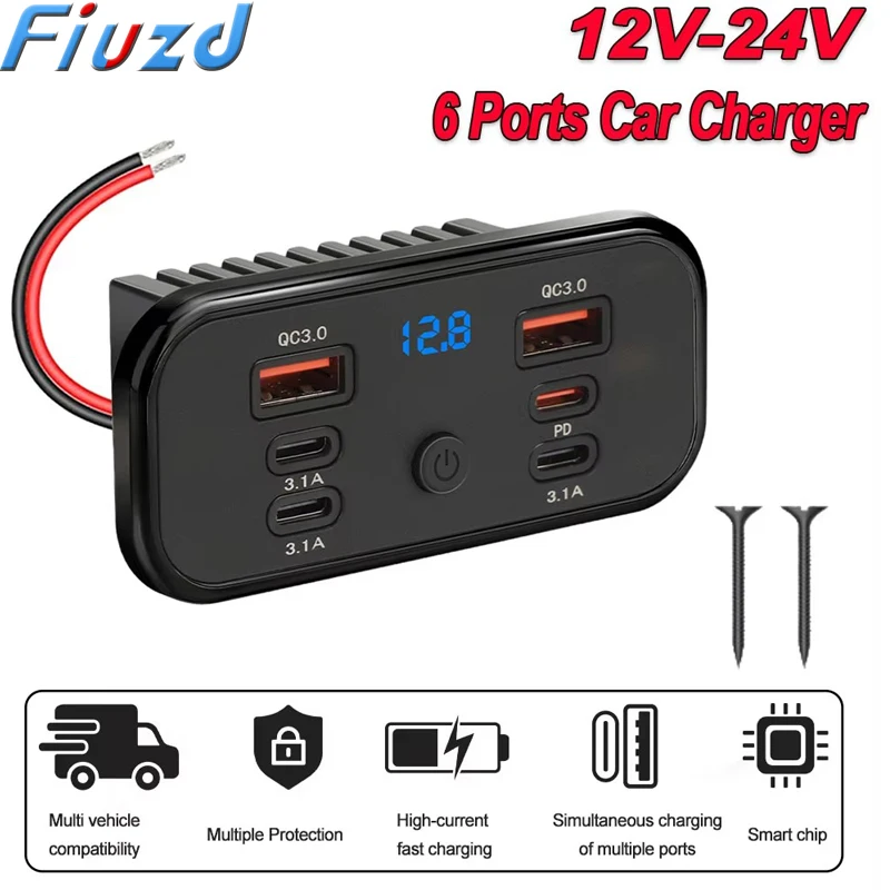 Car Charger Fast Charging Socket Panel QC3.0+PD3.0 Power Adapter Wall Mount Charger with Switch For RV Bus Car Accessories