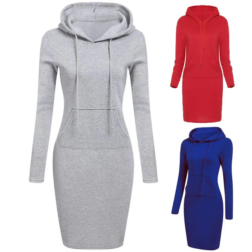 Women Hoodies Winter Dresses Women Solid Color Long Sleeve Sweatshirts Bodycon Autumn Dress Women Robe Femme Knee Length Dress