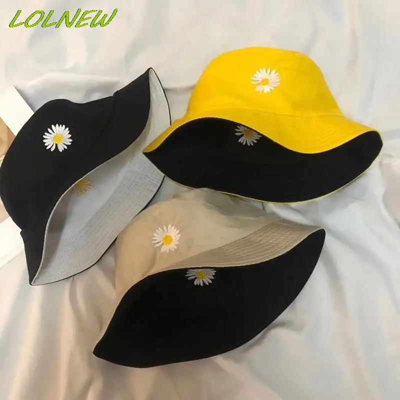 Bucket Hats Women Daisies Embroidered Double-sided Fisherman Hat Korean Style Solid Climbing Outdoor Sunscreen Bucket Hat