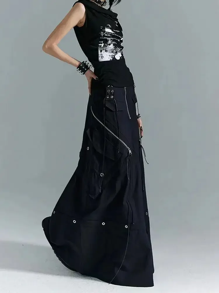 Amerikanische Streetwear Punk Dunkelschwarz Röcke 2025, Mode Faul Neue Rock für Frauen Y2k Hohe Taille Vintage Lose Faldas Mujer