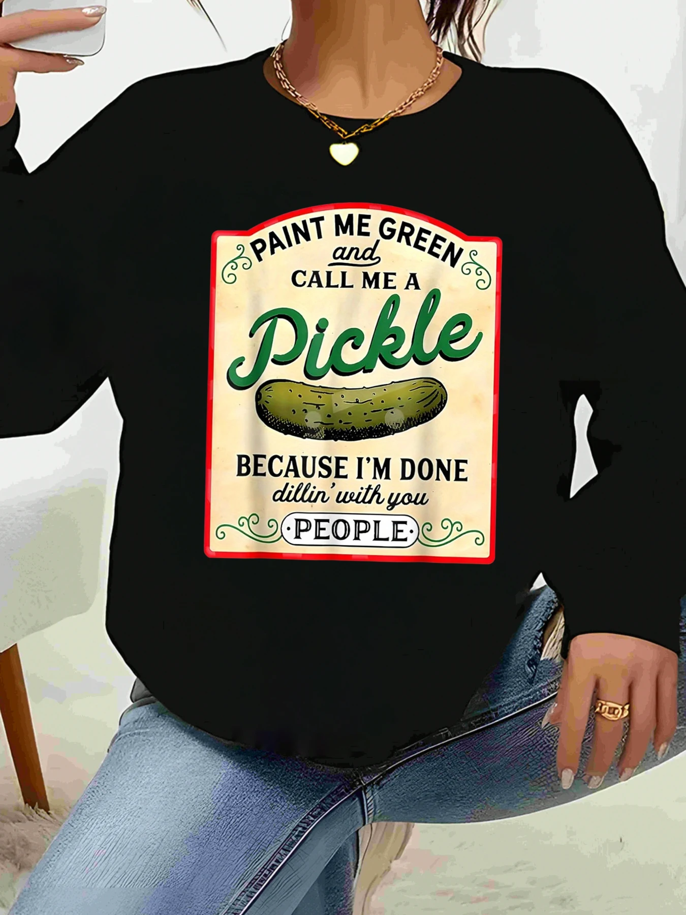 Pickle Label Print Long Sleeve Top Halloween Casual Wear Women's Fashion