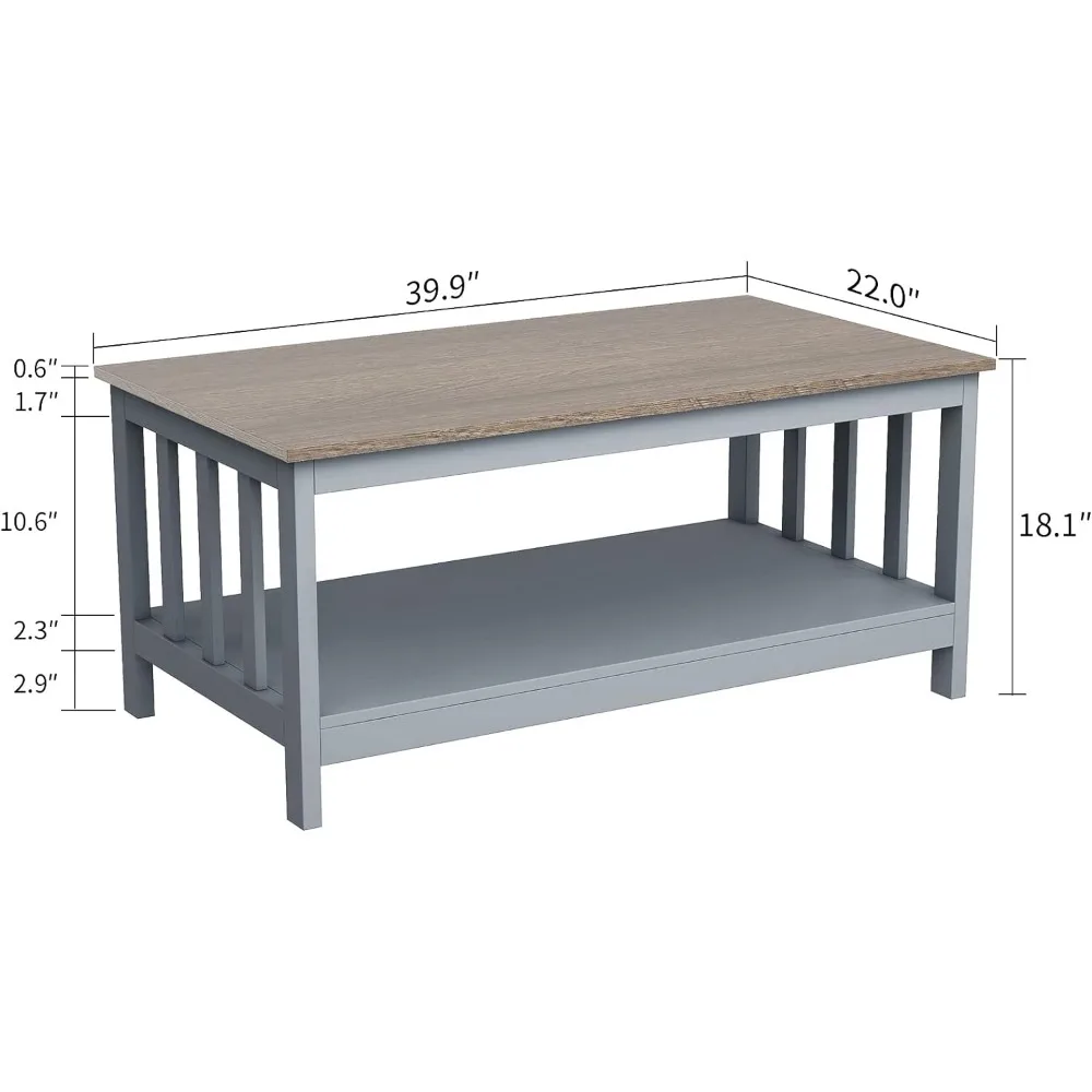 Table basse grise avec étagère pour salon, lignes propres de 40 pouces, style Mission, s'adapte bien à tous les décors