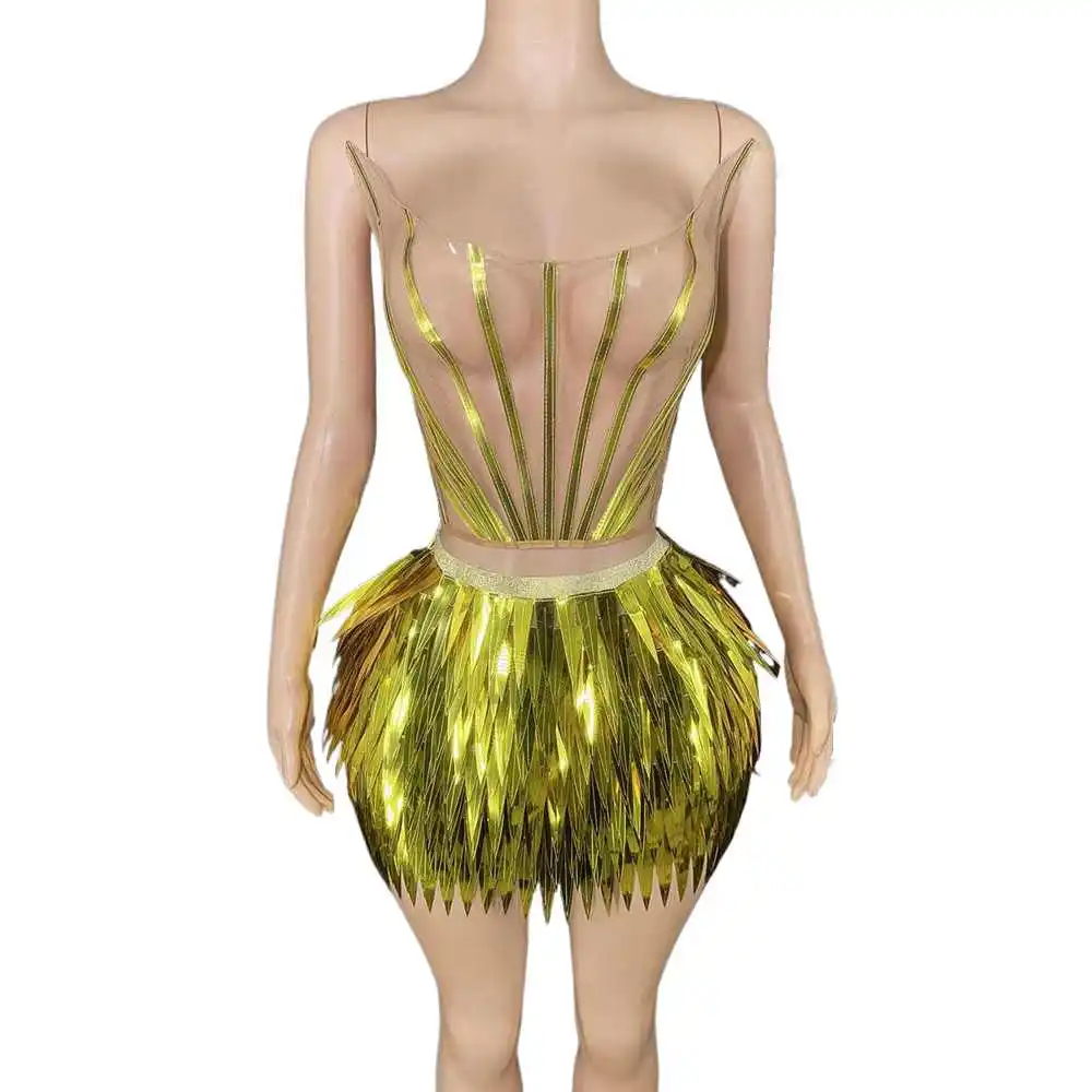 

Sparkly Sequins Tube Top Bubble Skirt 2 Pieces Set Sexy Mesh See Through Stage Wear Performance Dance Costume Photo Shoot Wear