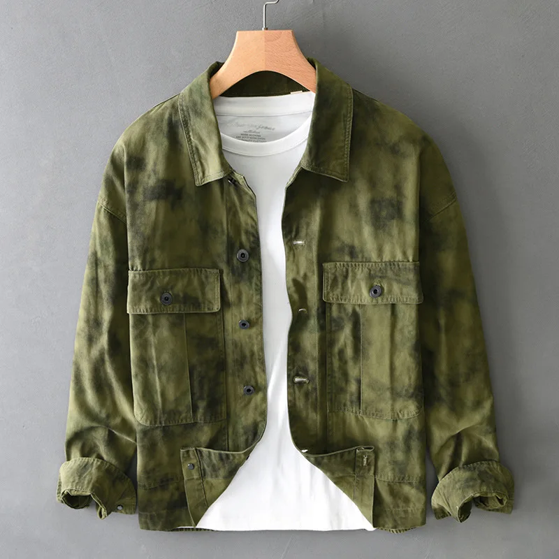 Spring and fall American heavy vintage do old dirty wash cargo shirt men's long sleeve loose high street lapel coat