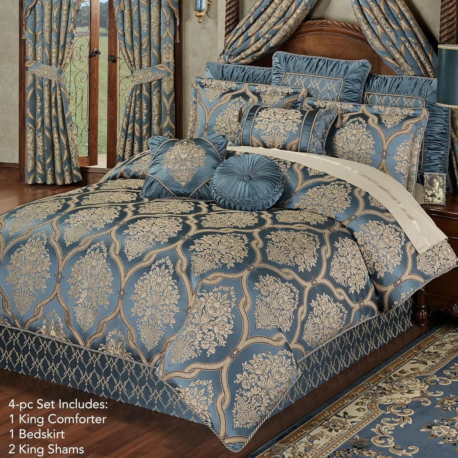 Luxurious Castleton Bedding | Sophisticated Jacquard Woven Damask Medallion Quatrefoil | Steel Blue, Light Gold, Chocolate | 4