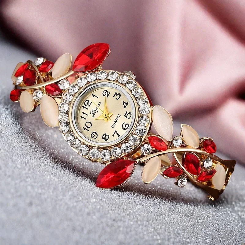 خمر نساء ساعات كوارتز فاخرة سبيكة الإسورة سوار ساعة موضة حجر الراين زهرة السيدات ساعة أنثى ساعة Reloj Mujer