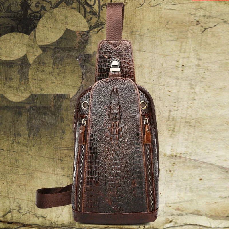 

High Quality Real Leather Men Messenger Shoulder Cross body Bag Oil Wax Cowhide Travel Crocodile Pattern Sling Chest Back Pack