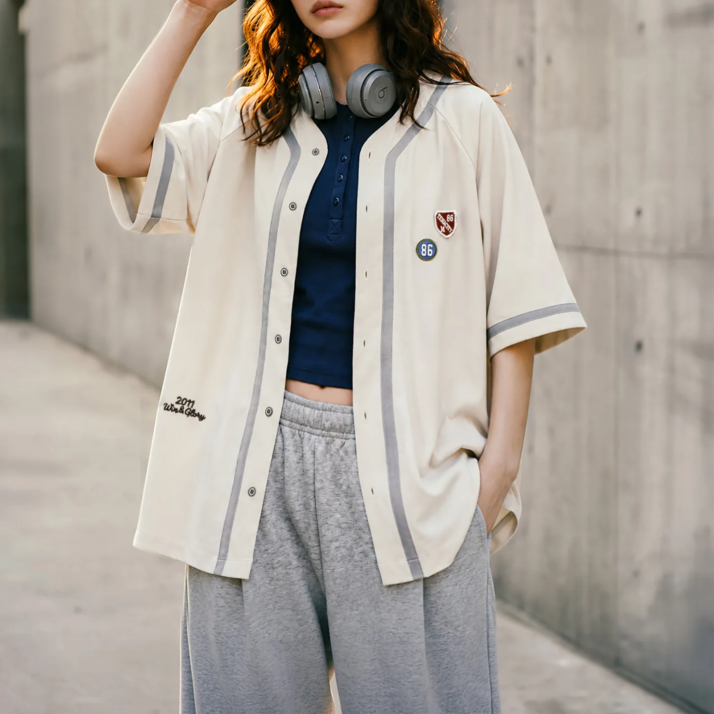 Maden Women's American Retro Half Sleeve Baseball Shirt Open Front Loose Street Dance Style Casual Fashion Daily Summer Trendy