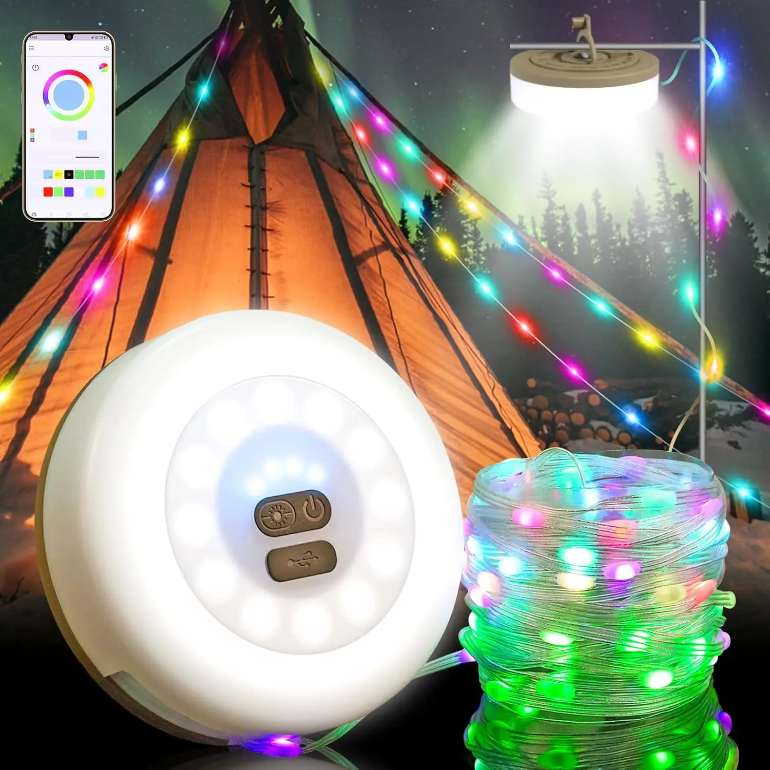 app制御キャンプライトロープ、格納式暖色ライトフェアリーライト、防水rgb雰囲気ライト、キャンプハイキング専用