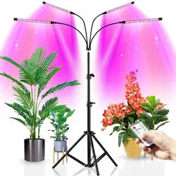 Luces de cultivo para plantas, luz de espectro rojo y azul con soporte de trípode ajustable, 4 cabezales, 80 LED con controladores duales, temporizador de 4/8/12H