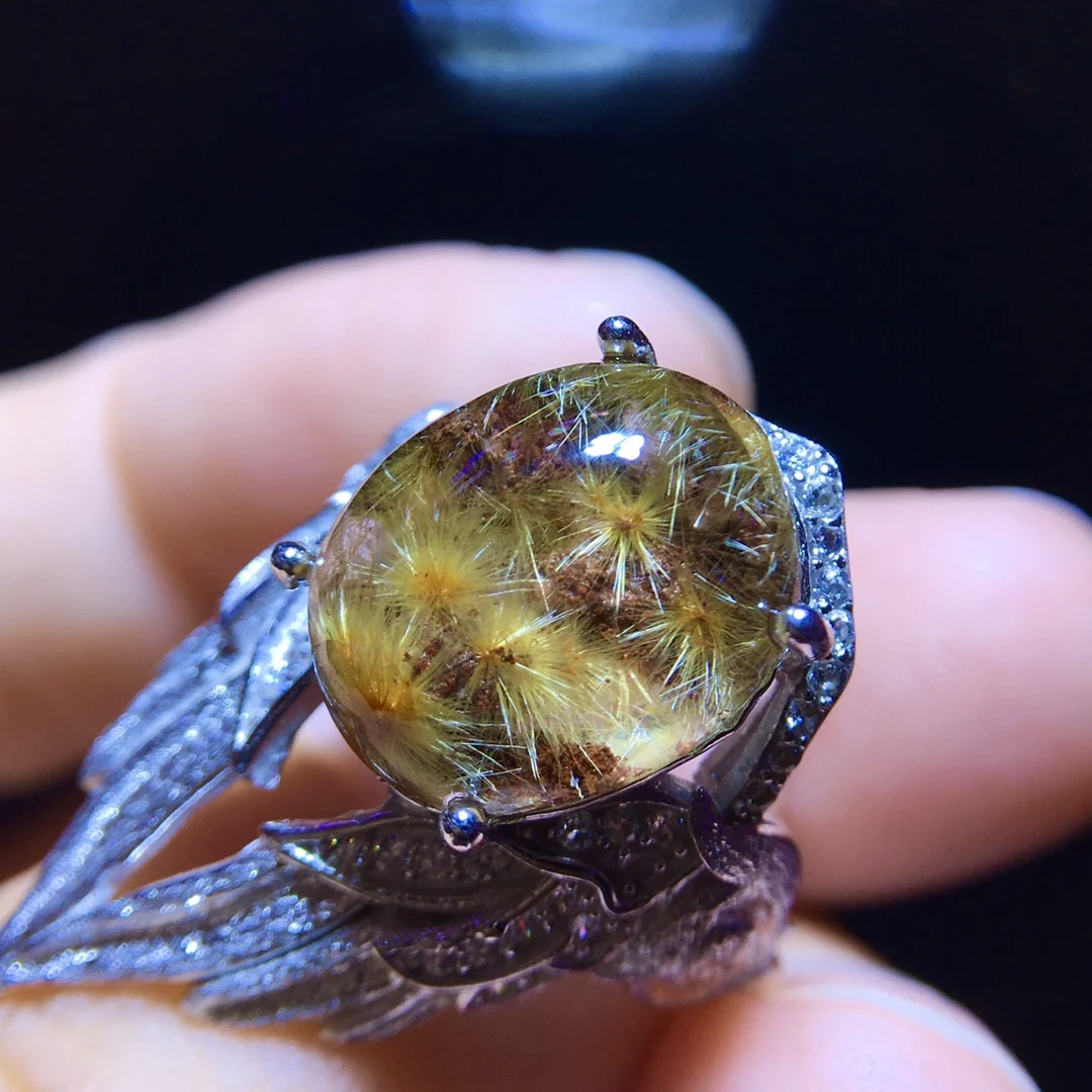 

Natural Gold Rutilated Quartz Adjustable Ring 13.8/11.3mm Women 925 Silver Yellow Rutilated Beads AAAAAA