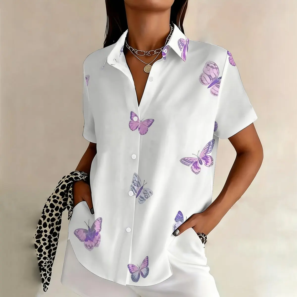 

Simple and personalized butterfly print summer women's plus size lapel short sleeved shirt fashionable daily versatile top