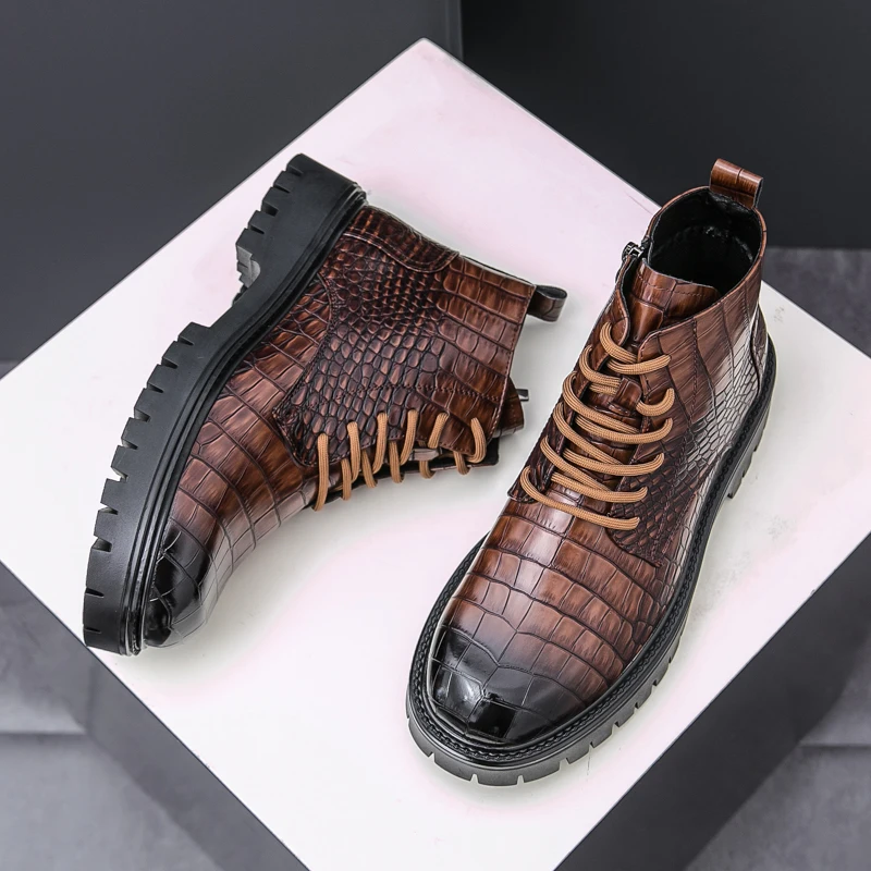 Men\'s Crocodile Skin Lace-up Short Boots Good Quality Leather Shoes Male Winter Business Formal Platform Boots Winter Men Shoes