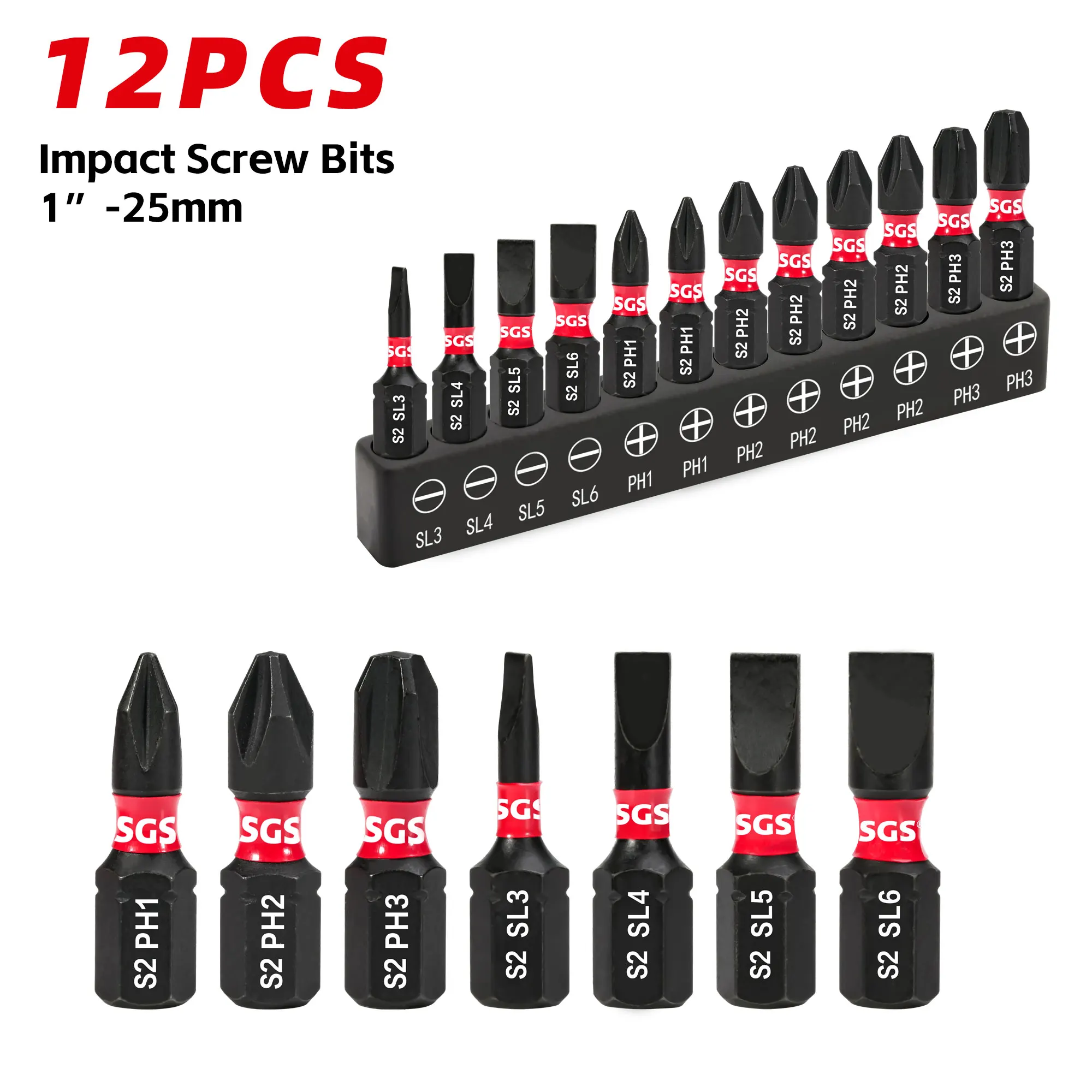 12-Piece Impact Screwdriver Bit Set, SL/PH 25mm, Strong Magnetic, Highly Compatible, Impact-Resistant, Portable Storage, Suitable for Power Tools