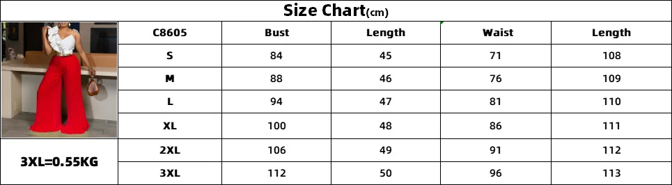 Beach Vacation Women's 2-piece Sexy Ruffled Sleeveless Top Loose Pleated Wide Leg Pants AOMEI Fashionable Solid Color Pants Set