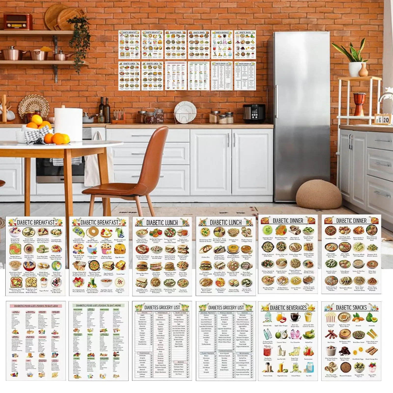 12pcs Low Sugar Food Chart Low Carb Diet Nutrition List Food Information Guide Poster for Dad mother Grandpa Grandma Elderly ﻿