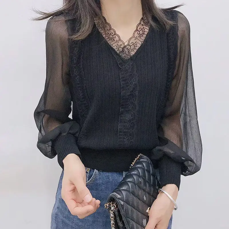 

Elegant Sexy Solid Color Lace Shirt Spring Summer Spliced Gauze Loose Women's Clothing V-Neck All-match Long Sleeve Blouse 2026