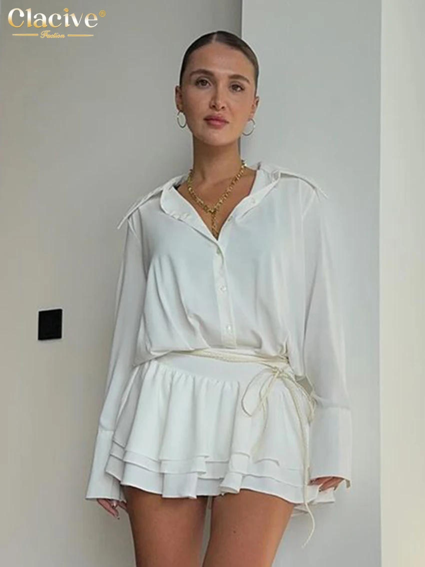 

Clacive Elegant Loose White Women's Two Pieces Set 2025 Fashion Long Sleeve Shirt With High Waist Pleated Mini Skirt Set Female