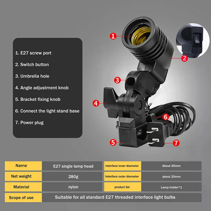 1.8m Cable Cord Light Bulb Stand E27 AC Socket Lamp Holder With Umbrella Holder Photography Light Bulb Mount For Photo