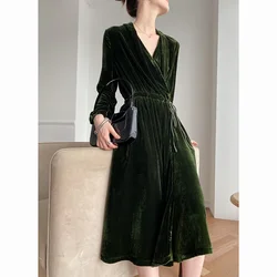 2024 Vintage Dress Woman 100% Silk Elegant Dresses For Women Midi Dress Female V-neck Spring Autumn Clothes Vestidos Pph3378